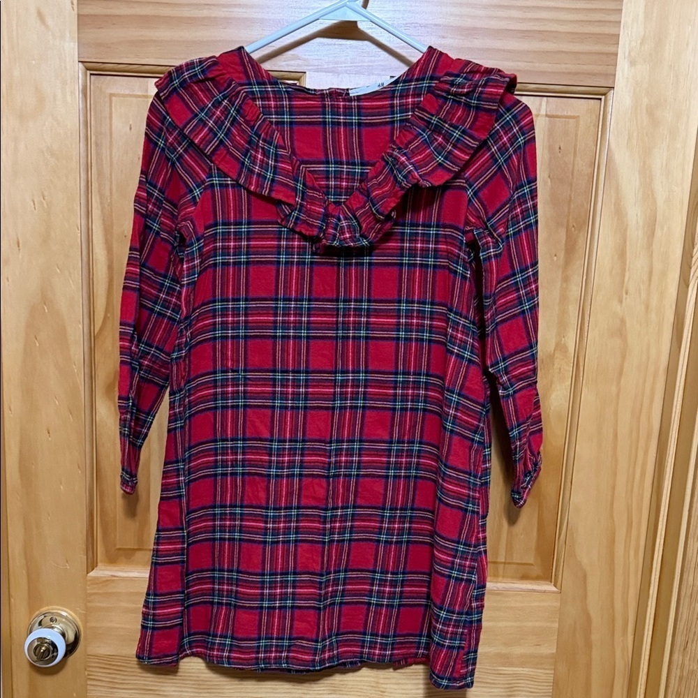 H&M Red Plaid Flannel Girls Dress with Ruffle Collar. Size 9/10.